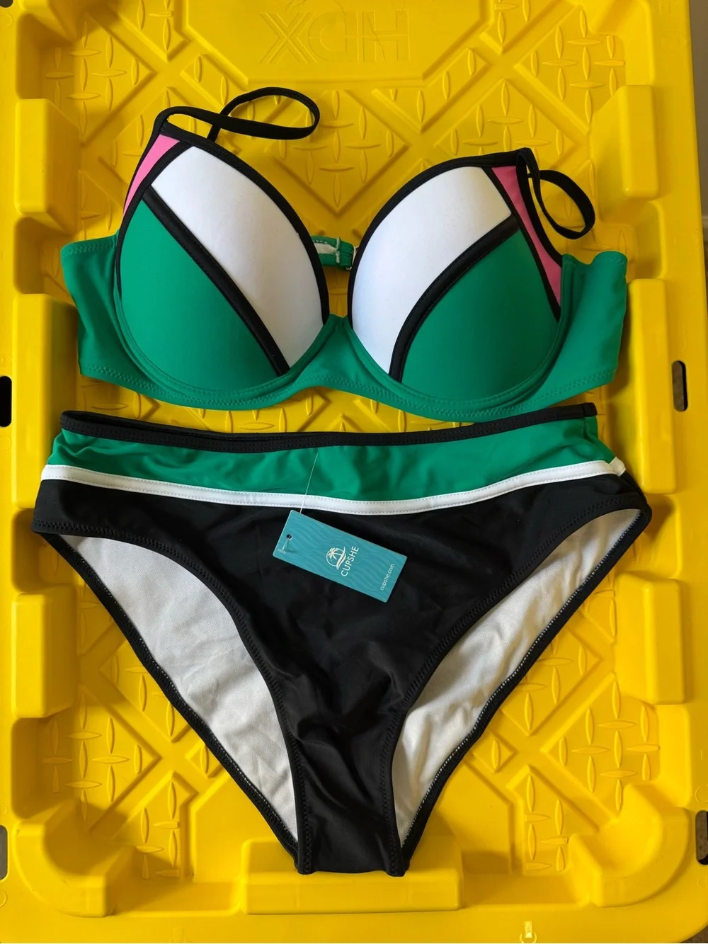 Cupshe Green, Black, White & Pink Colorblock Two-Piece Bikini